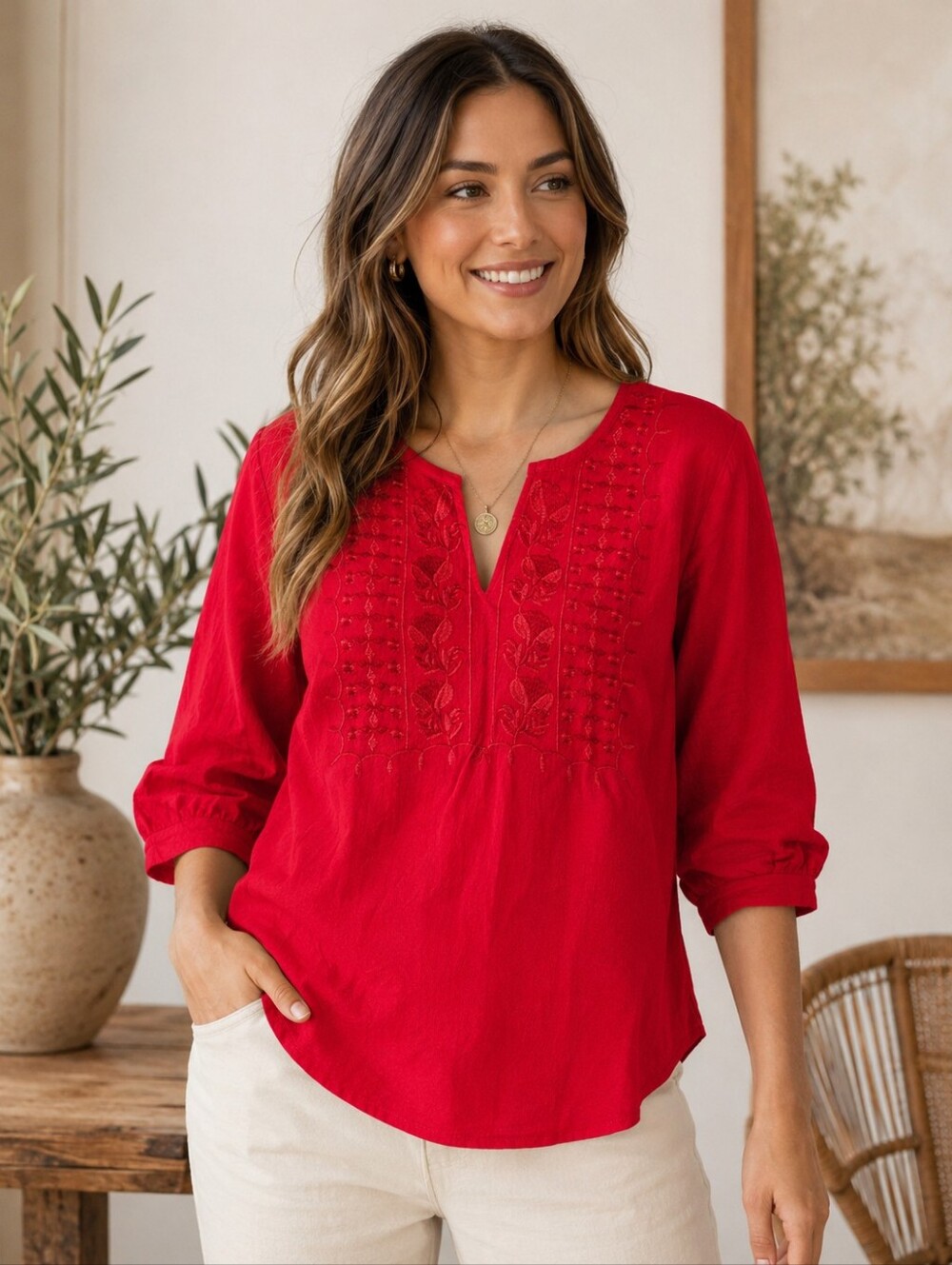 Women's Red Embroidered Boho Peasant Tunic Top Size L 3/4 Sleeve Lightweight New